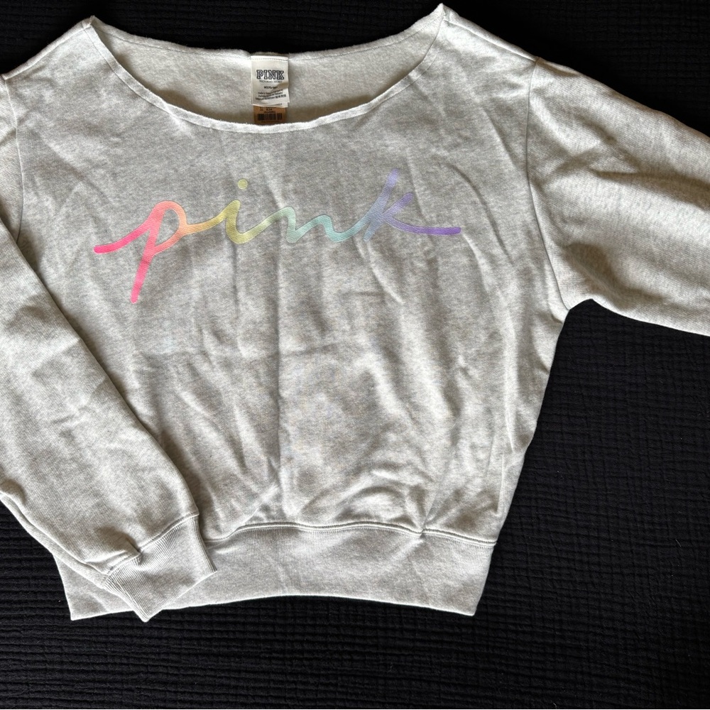 PINK Victoria's Secret Gray Crop Sweatshirt with Pastel Logo